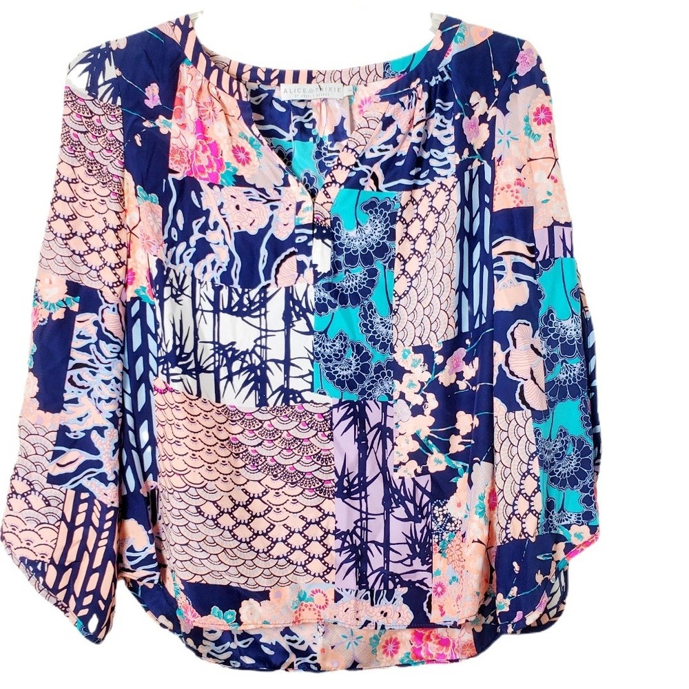 Alice & Trixie Silk Patchwork Floral Bamboo Print V-Neck Split Sleeve Blouse Top